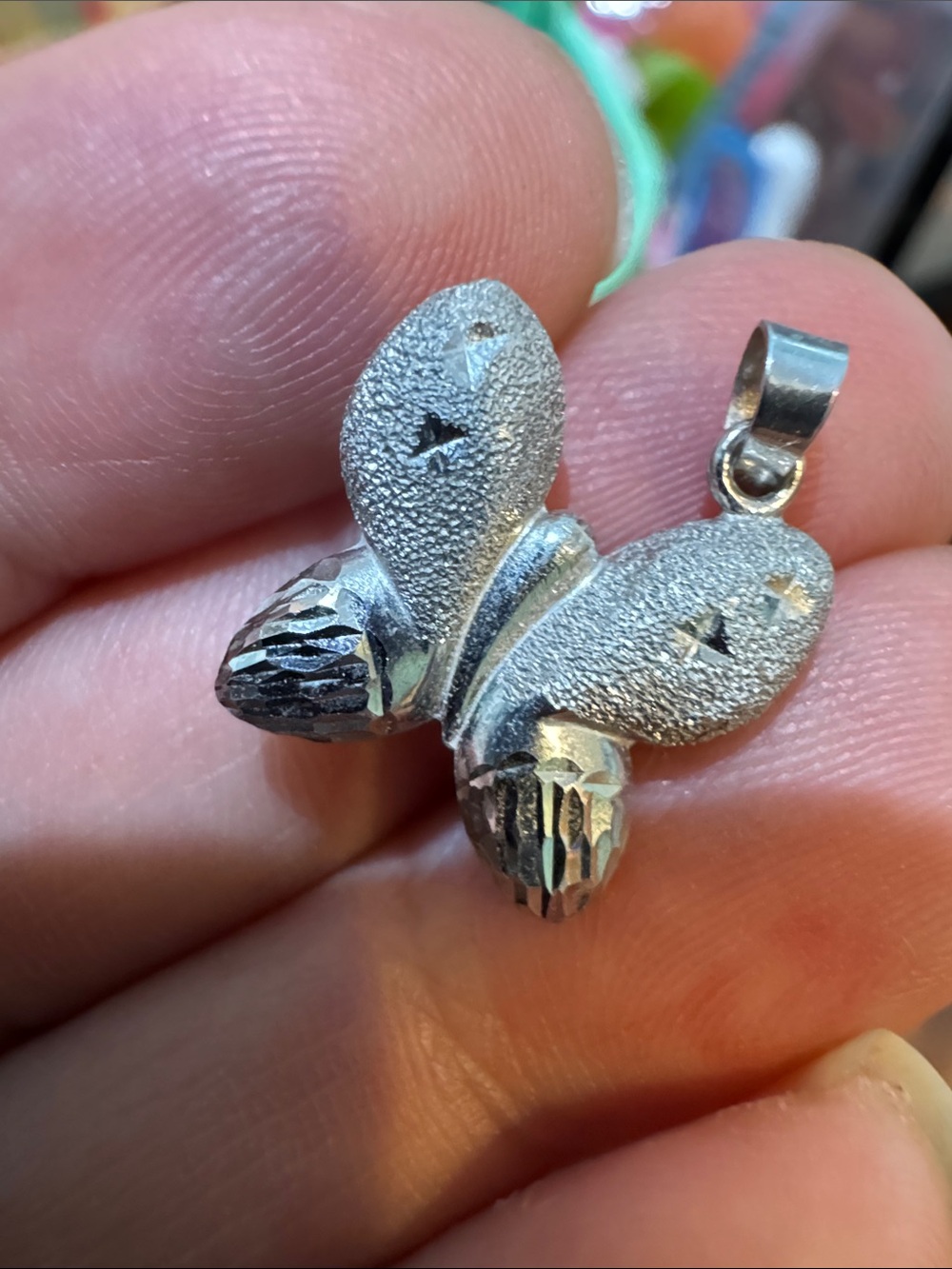Y2K Vintage puff Butterfly Pendant Silver tone diamond cut design